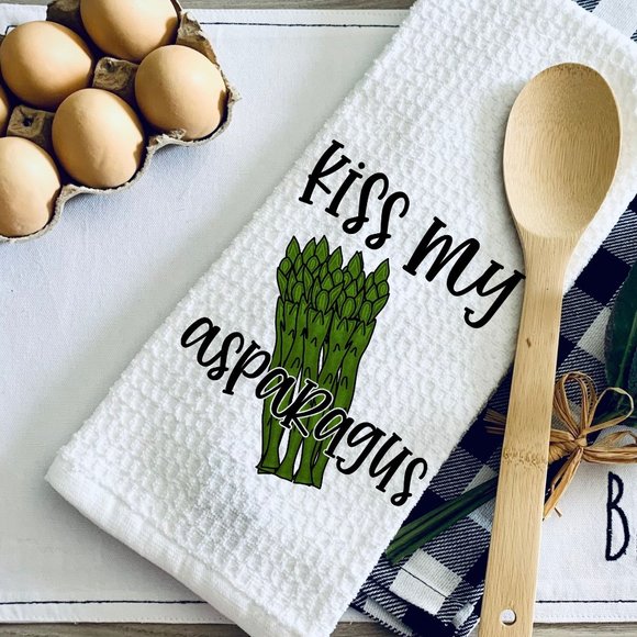 TEA TOWEL-KISS MY ASPARAGUS FUNNY PUN-Kitchen Towel-Person… - Picture 1 of 2